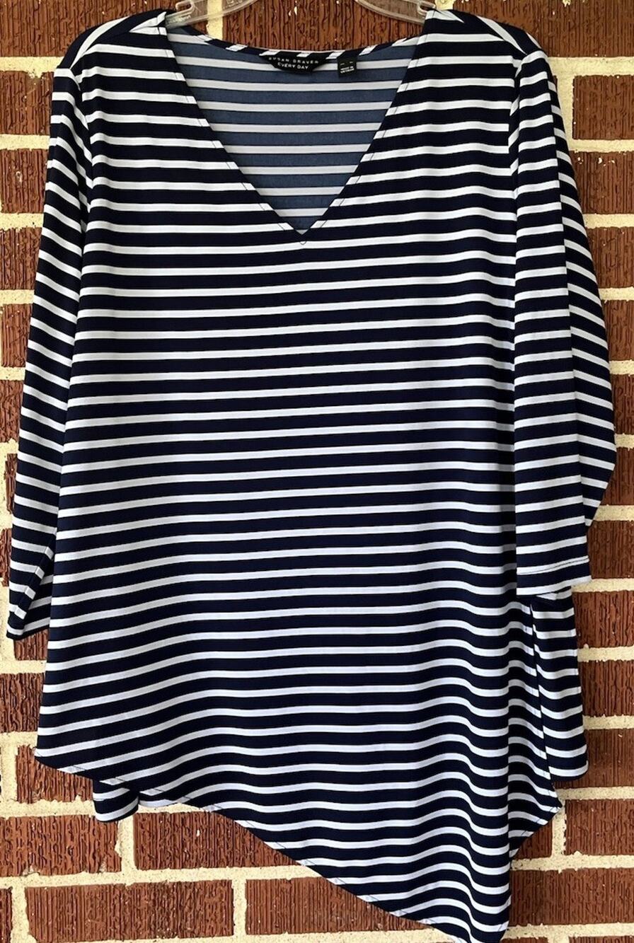 Susan Graver Knit Tunic Top Asymmetrical Crossover Hem Blue White Stripe Sz XL